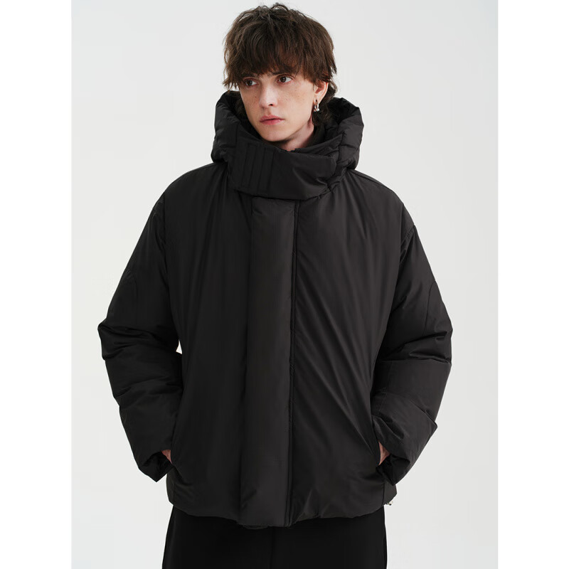 MIDASHAND2025新款港风羽绒服男短款连帽ins90白鸭绒加厚宽松保暖外套情侣 黑色 L (身高175-180cm)