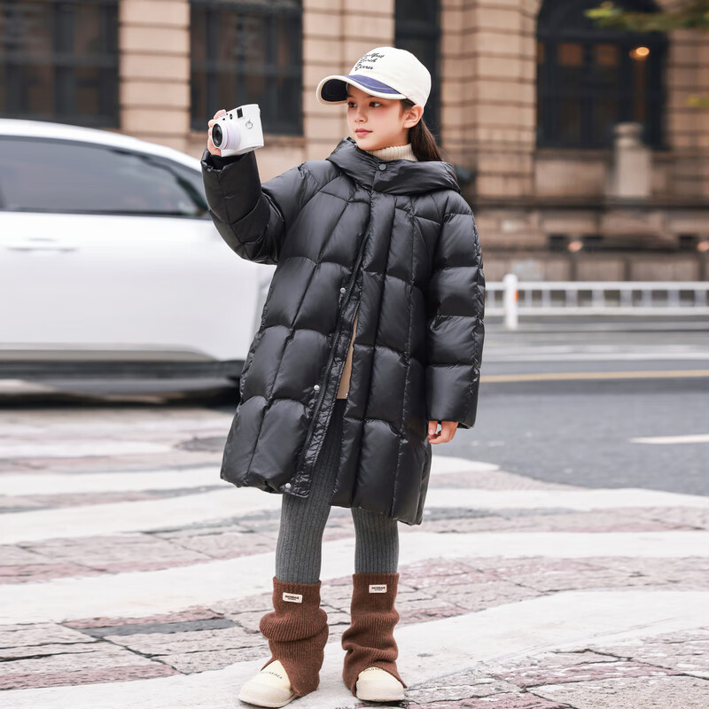 ABC KAIA女童羽绒服中长款2025新款冬季加厚保暖白鸭绒外套中大童洋气冬装 黑色 120