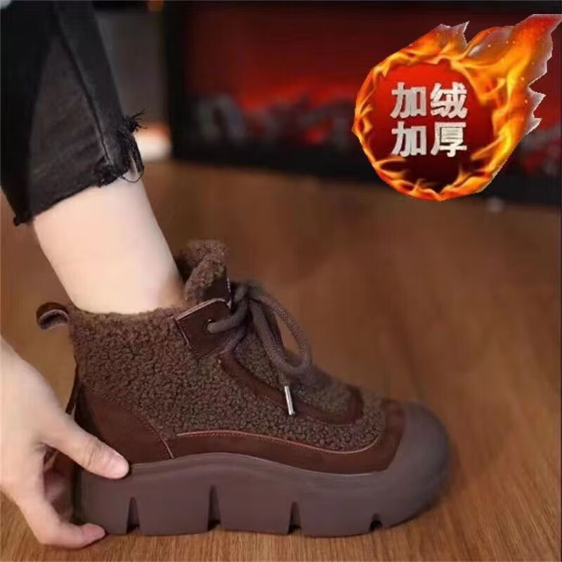 秋冬季新款加绒保暖高帮鞋休闲妈妈棉鞋加绒CSph女加绒雪地靴jd 深棕色 37