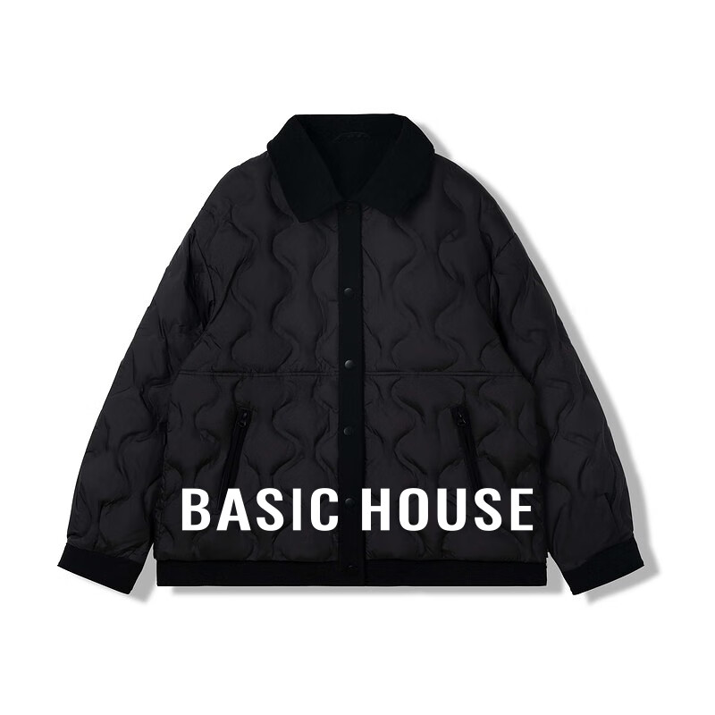 百家好（Basic House）Basic House/百家好撞色翻领轻薄短款羽绒服女冬季单排扣宽松外套 黑色 S