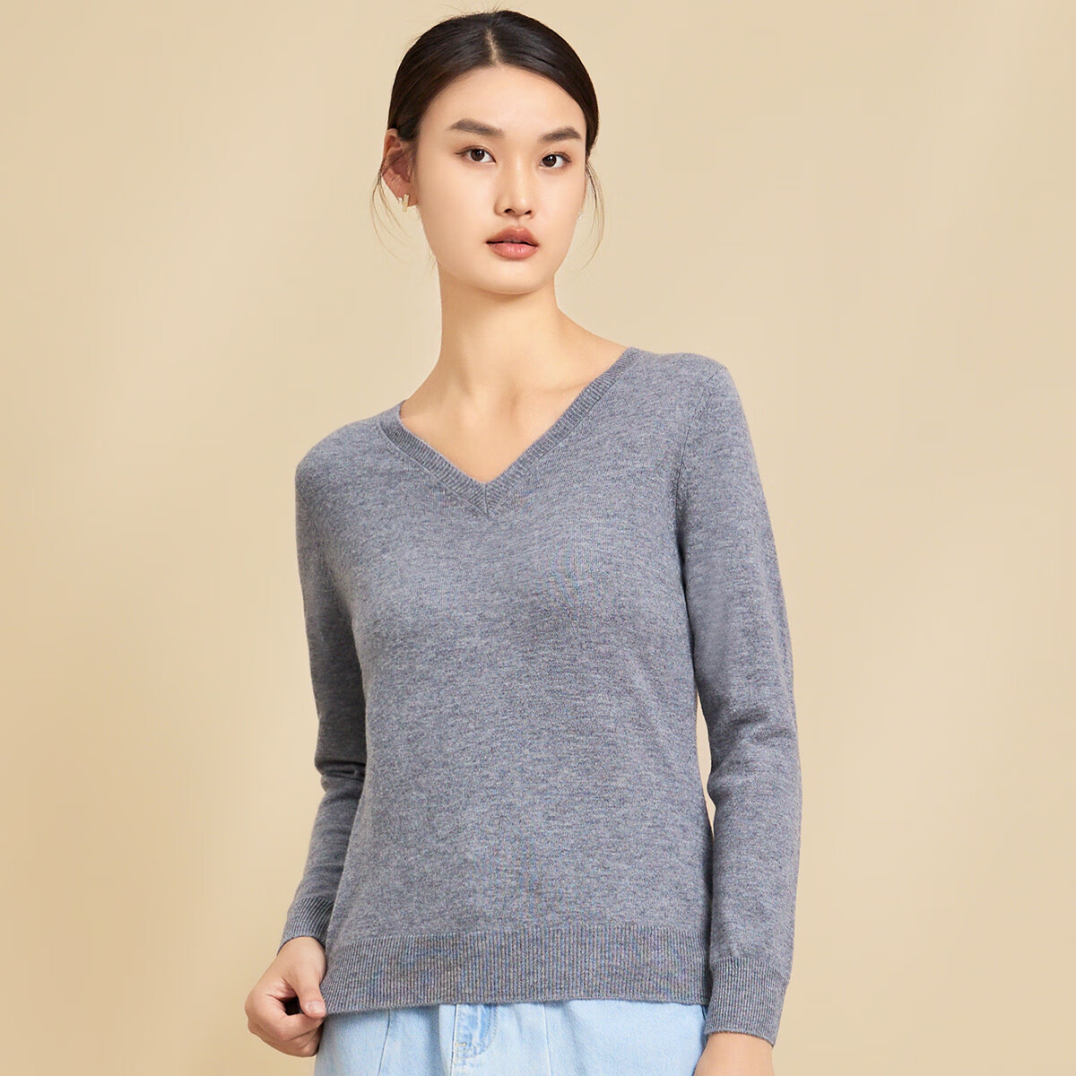 春竹羊毛新款V领时尚舒适保暖女套衫纯色长袖打底女士羊毛衫 丰中灰 M (80斤-110斤)