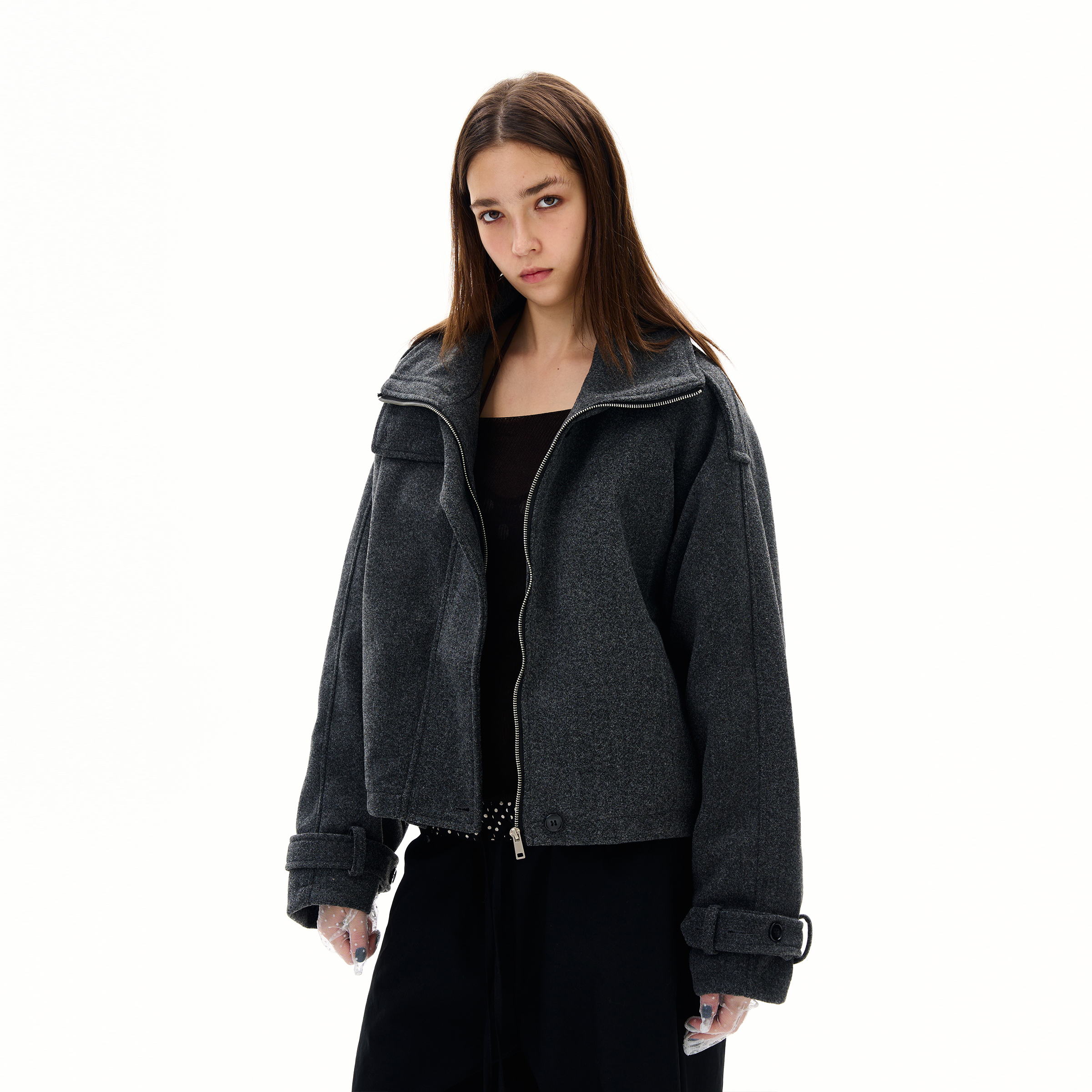 尾郎的店立领解构毛呢棉服女高级感灰色设计经典廓形夹棉保暖外套新年 灰色 S