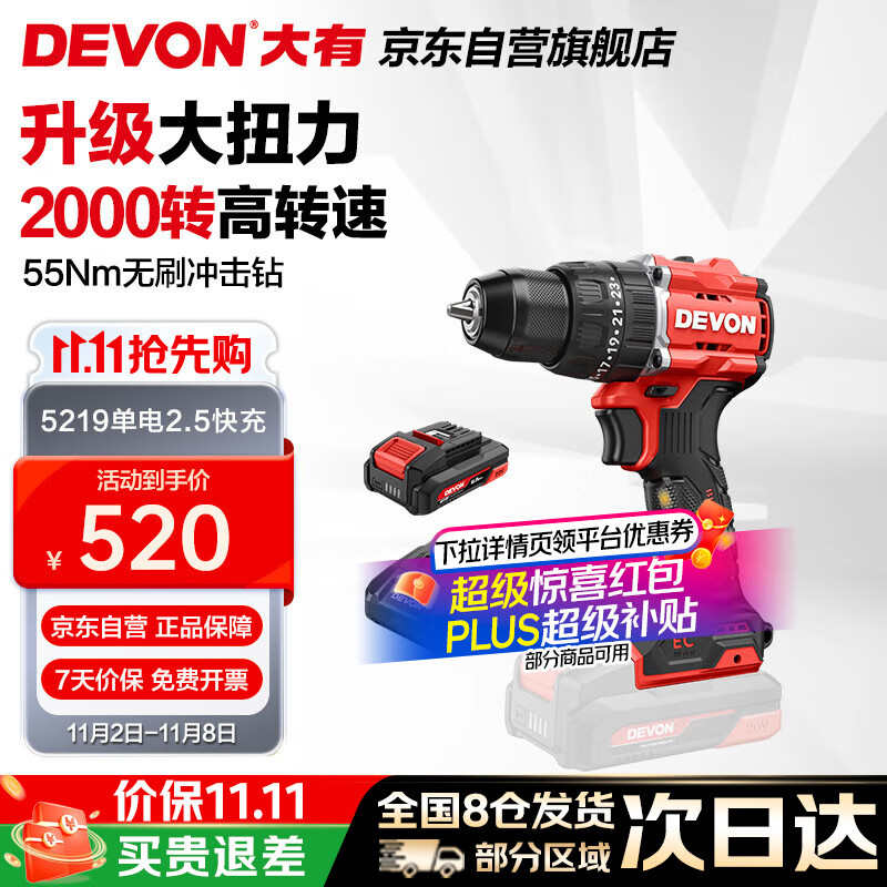 大有20V锂电无刷电钻冲击钻手电钻55牛米起子机5219单电2.5快充