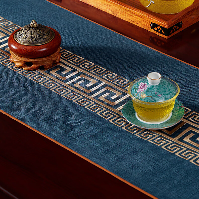 華幔盛庭新型中國風(fēng)茶桌布茶桌布條中國風(fēng)茶桌旗禪宗咖啡桌坐墊臺布茶墊茶 鴻運連連_深藍 35*178cm(適合桌長1.3-1.4米)