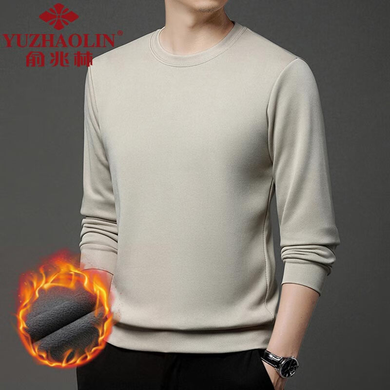 俞兆林（YUZHAOLIN）男士套头卫衣秋冬季加绒加厚保暖打底衫中青年纯色百搭长袖t恤潮 米白 4XL （建议190到210斤穿）