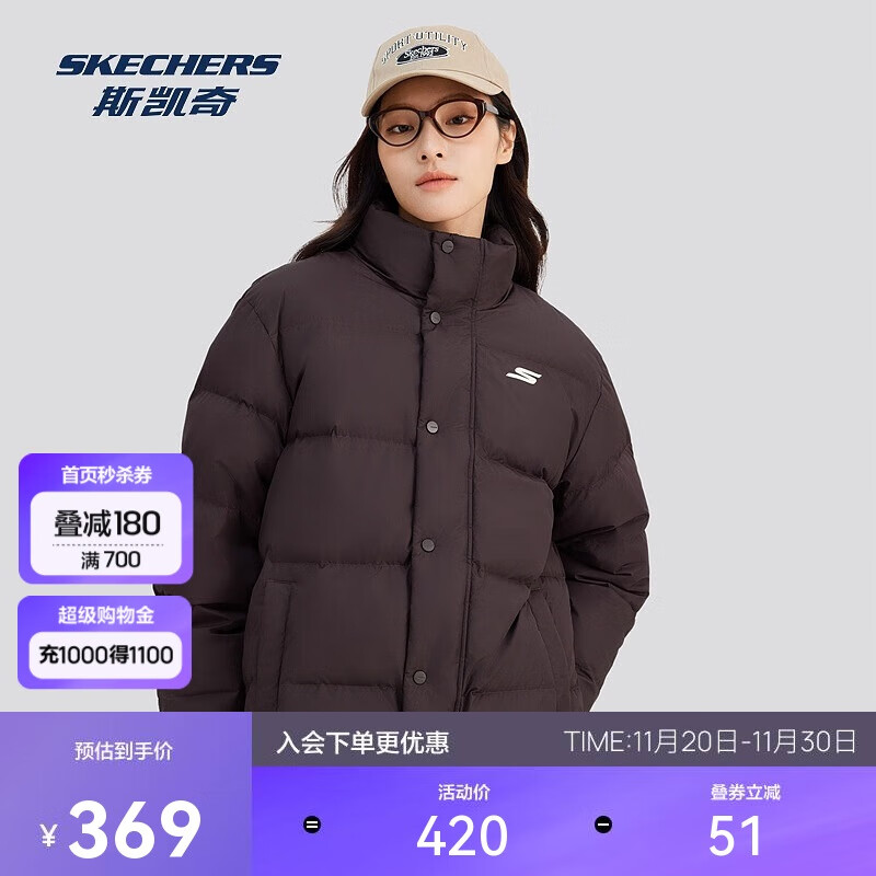 斯凯奇2025冬季保暖时尚百搭男女同款羽绒外套P423U038