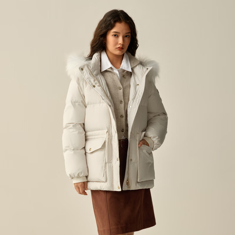 ELAND衣恋羽绒服女时尚毛领长袖大口袋保暖外套2025冬季新款 象牙白/白色(39)Ivory S /160