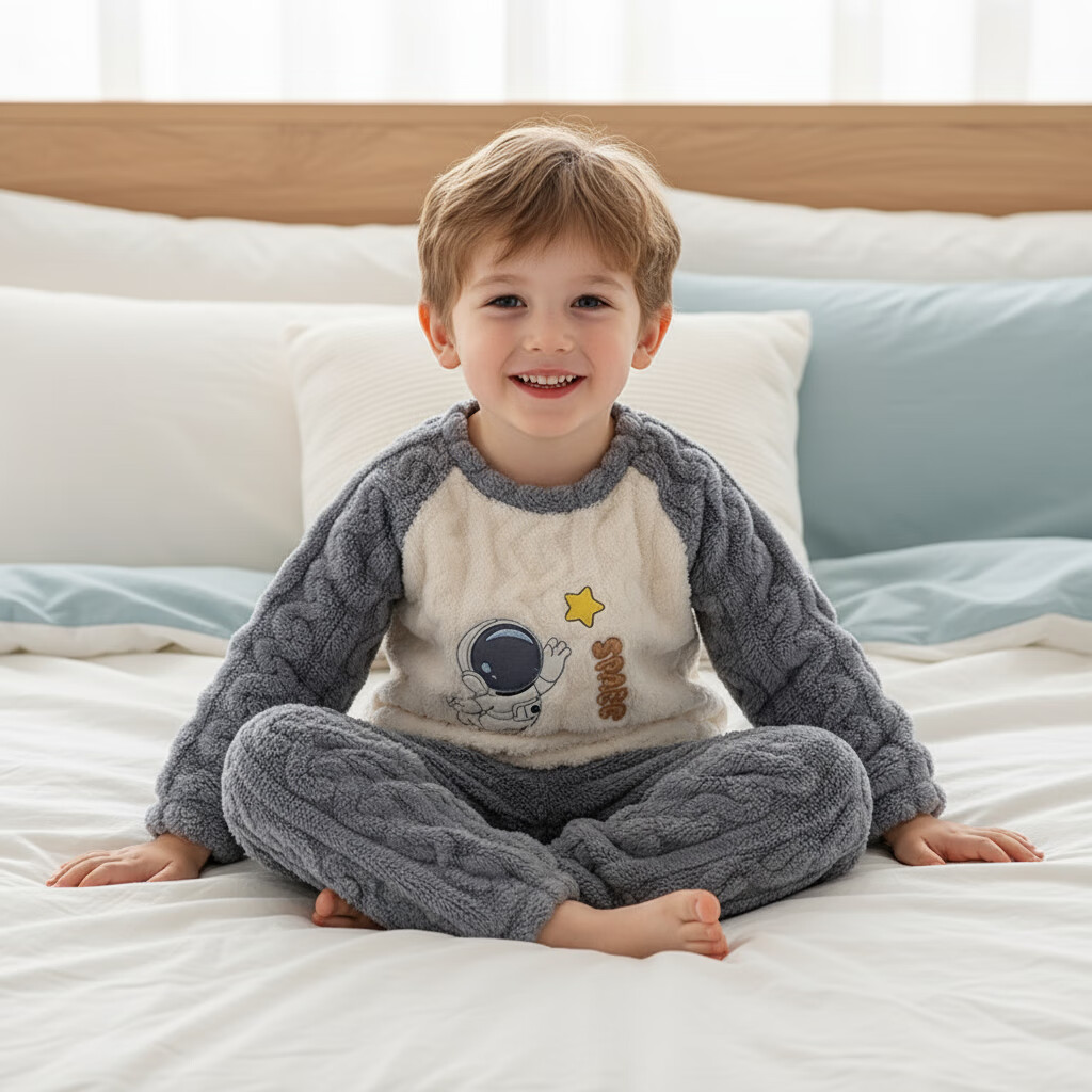 小猪大卫 PECODAVID秋冬宝宝居家服男女儿童可爱珊瑚绒圆领分体保暖套装2件套 灰蓝宇航员 120 版型宽松，按正常尺码拍