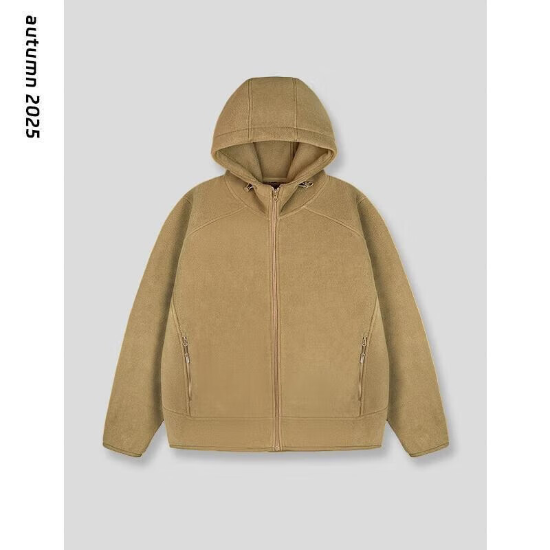 【商场同款】2025年新款连帽卫衣双面摇粒绒拉链外套夹克百搭男装 卡其色 2XL 【150-170斤】