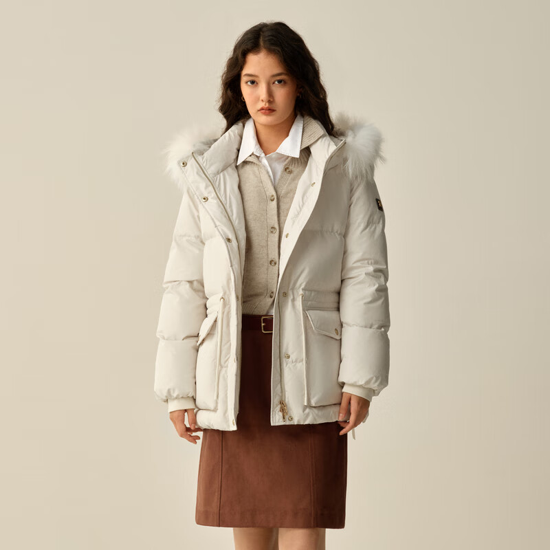 ELAND衣恋羽绒服女时尚毛领长袖大口袋保暖外套2025冬季新款 象牙白/白色(39)Ivory S /160