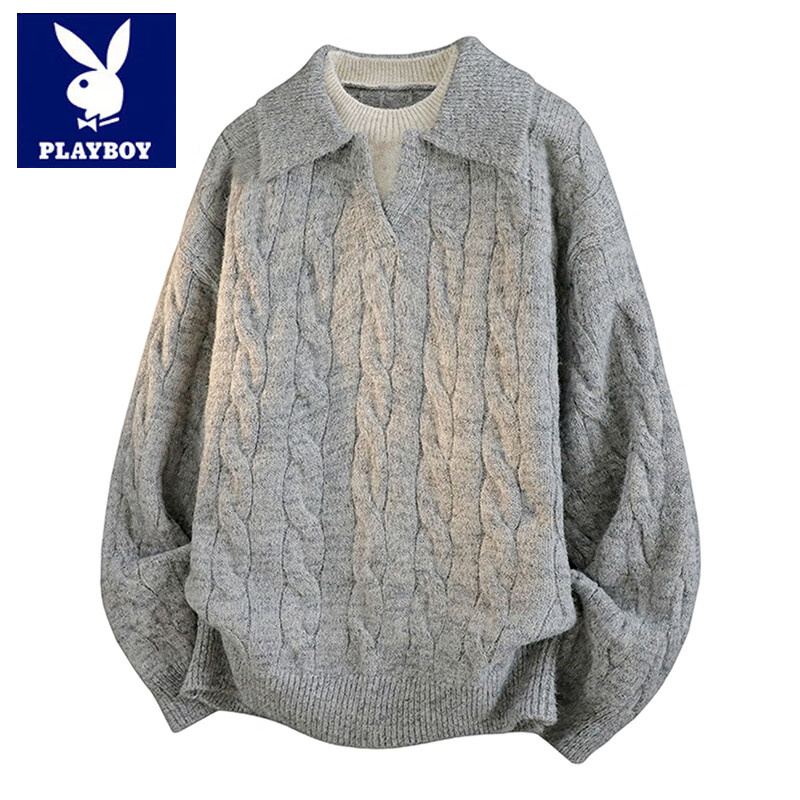 花花公子（PLAYBOY）复古麻花假两件毛衣男拼接POLO领秋冬潮牌情侣慵懒风休闲针织衫 浅灰 【高品质】 L 【建议105-120斤】