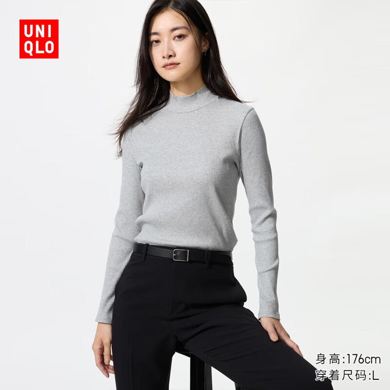 优衣库女装罗纹高领T恤/长袖小高领内搭25秋冬新款479588 03 灰色 M /160/84A
