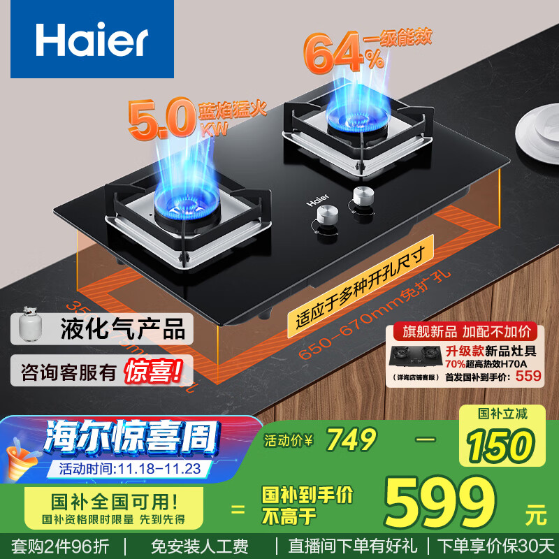 海尔（Haier）燃气灶液化气灶 家用双灶具厨房 5.0kw液化气 64%热效率 钢化玻璃面板 一级能效JZY-Q2BE6(20Y)
