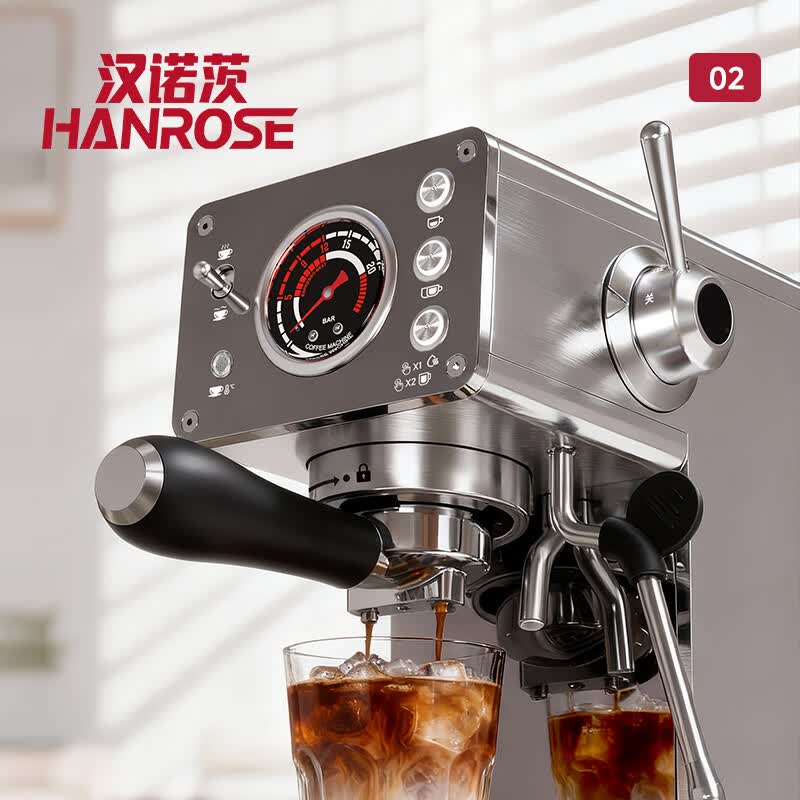 Hanrose意式咖啡机小型咖域精萃02 小型咖啡机复古迷你家用办公 半自动浓缩打奶泡一体机 TCMA01A-3C 20Bar意式咖啡机 意式咖域精萃02
