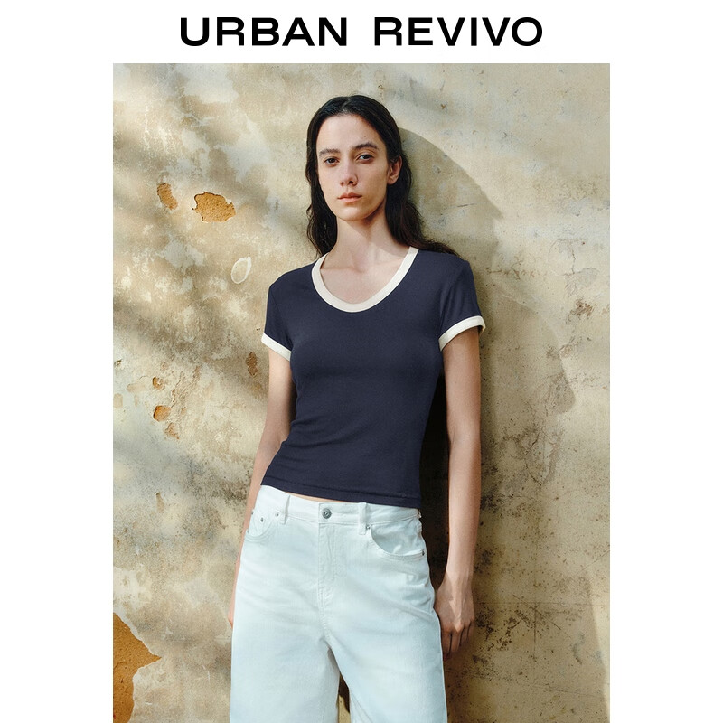 UR夏季新款女装休闲简约百搭撞色边短袖T恤UWB450046 墨蓝 S