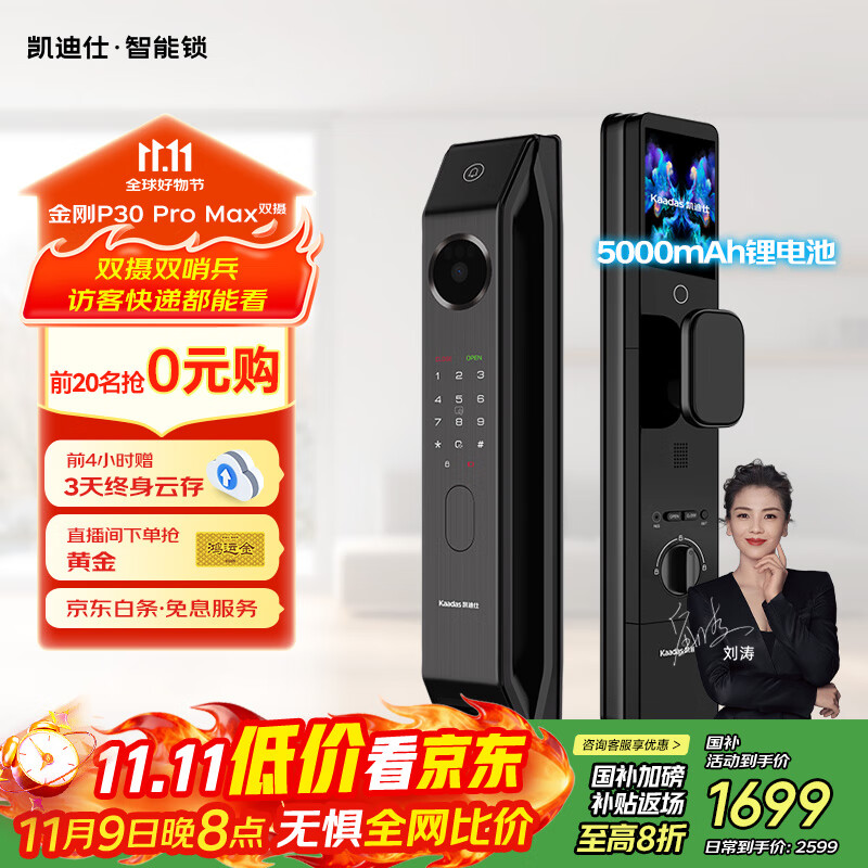 凯迪仕（kaadas）智能门锁 双摄人脸识别可视猫眼大屏指纹锁 金刚P30 Pro Max双摄