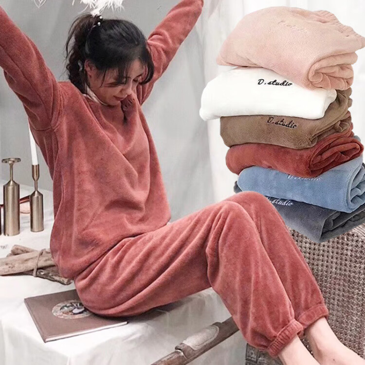 楠飞华裳 暖暖套装袖长裤大版珊瑚绒秋冬新款加厚保暖时尚家居服睡衣睡裤 初恋粉暖暖套装 均码 (80-145斤)