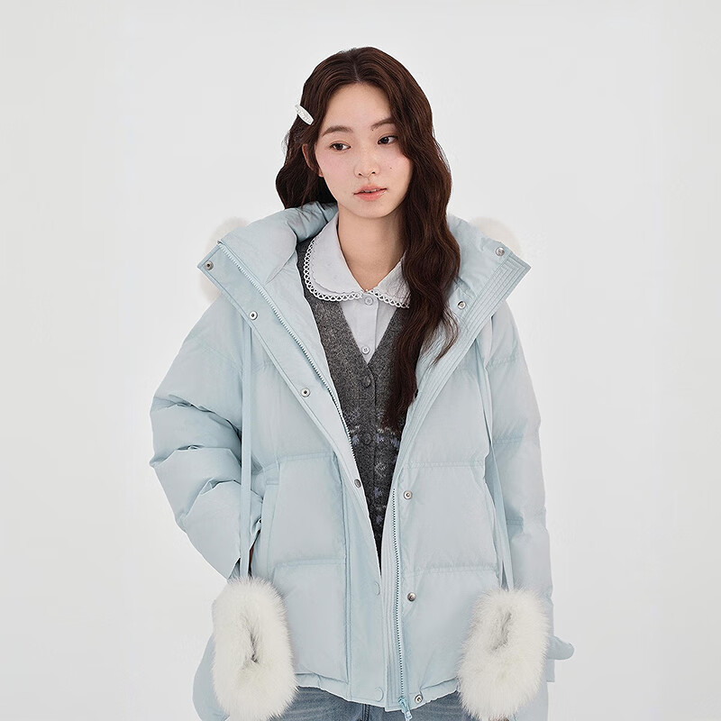 乐町【商场同款】乐町狐狸毛羽绒服女装带手套保暖柔软外套C1ACF4401 冷蓝（现货） S