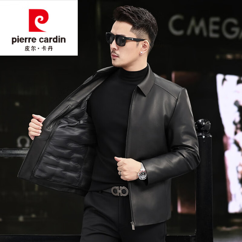 皮尔卡丹（pierre cardin）头层绵羊皮皮衣男休闲商务翻领真皮羽绒服外套可脱卸鹅绒内胆夹克 黑色内胆 加绒 XL