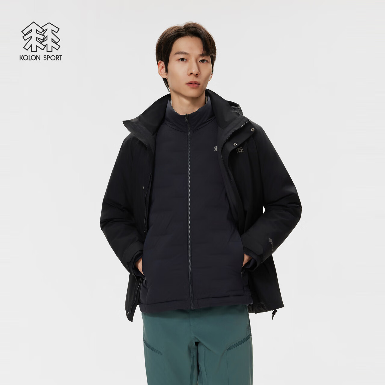 KOLON SPORT/可隆羽绒三合一夹克 男子户外GTX防泼水透湿防水冲锋衣2级 LHGJ5WN117-BK 黑色 L 175/96A