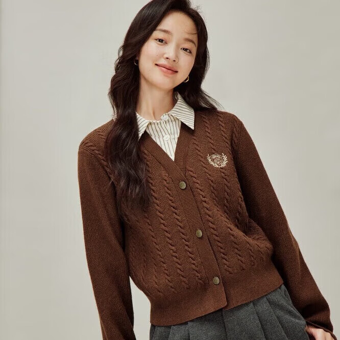 茵曼（INMAN）2025冬季女裝新款學(xué)院風polo領(lǐng)假兩件麻花毛衣英倫針織開衫 花咖色 M