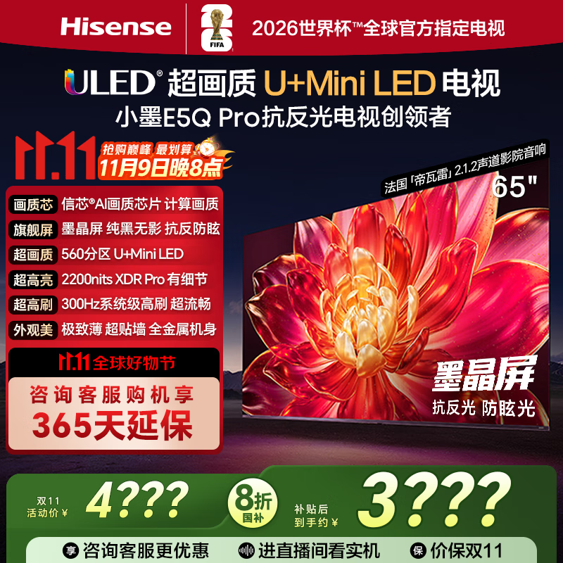 海信电视小墨E5Q Pro65英寸 560分区U+MiniLED 信芯芯片 抗反光防眩光墨晶屏 300Hz 国家补贴65E5Q-PRO