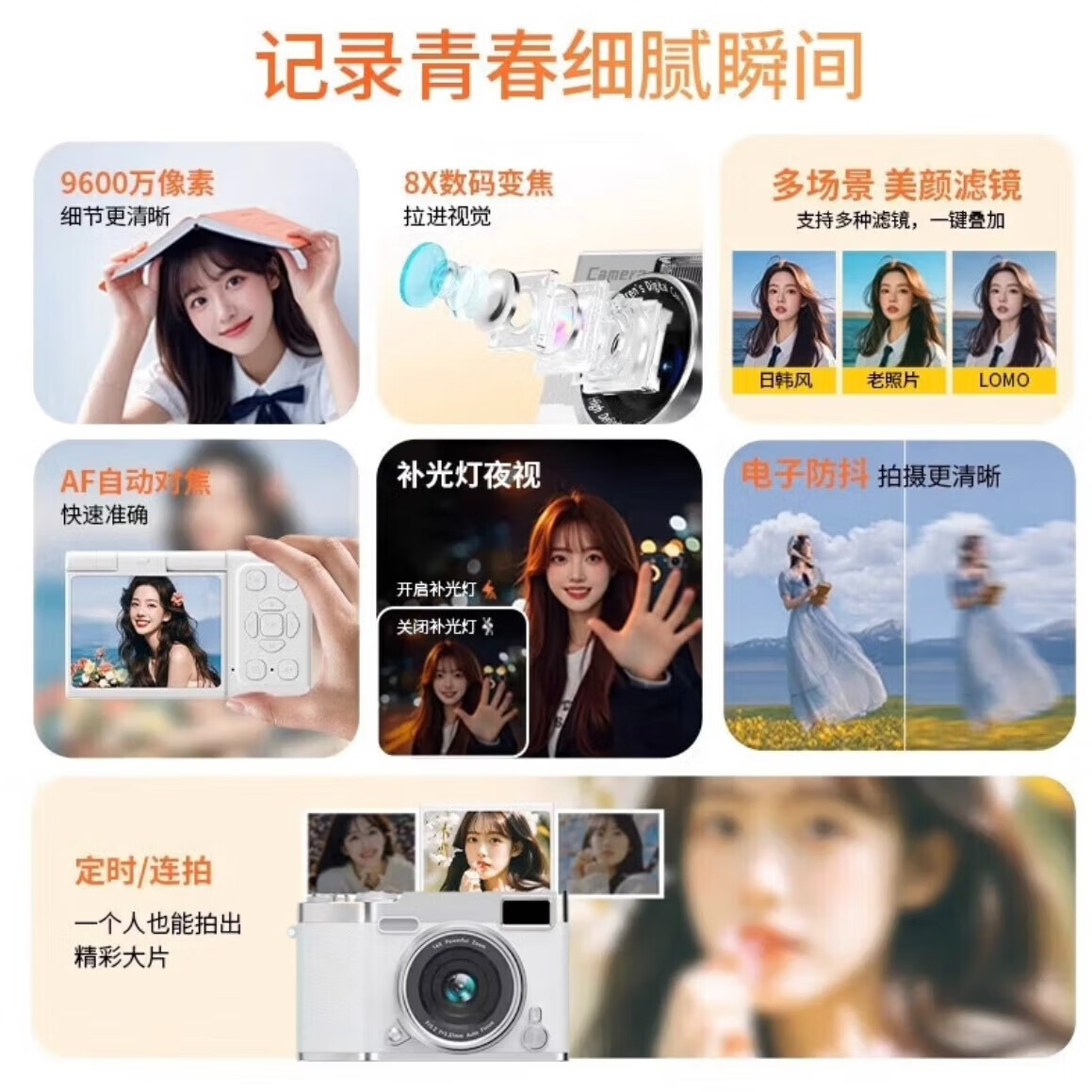 美颜相机ccd数码相机翻转屏微单照相机学生党高中生摄影入门级ccd可传手机 翻转屏白-256G卡+补光+可传手机 超清像素+16X变焦+防抖+精美包装