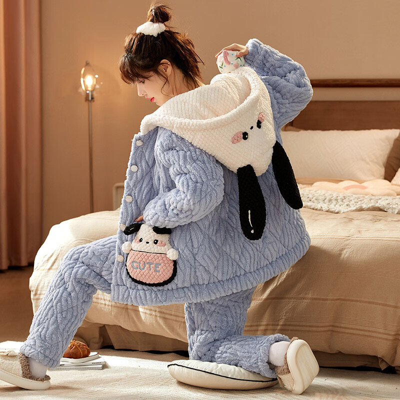 chunnian女士睡衣女冬季保暖珊瑚绒加厚加绒三层夹棉法兰绒带帽家居服套装 XEQN-2385【外套+裤子】 L