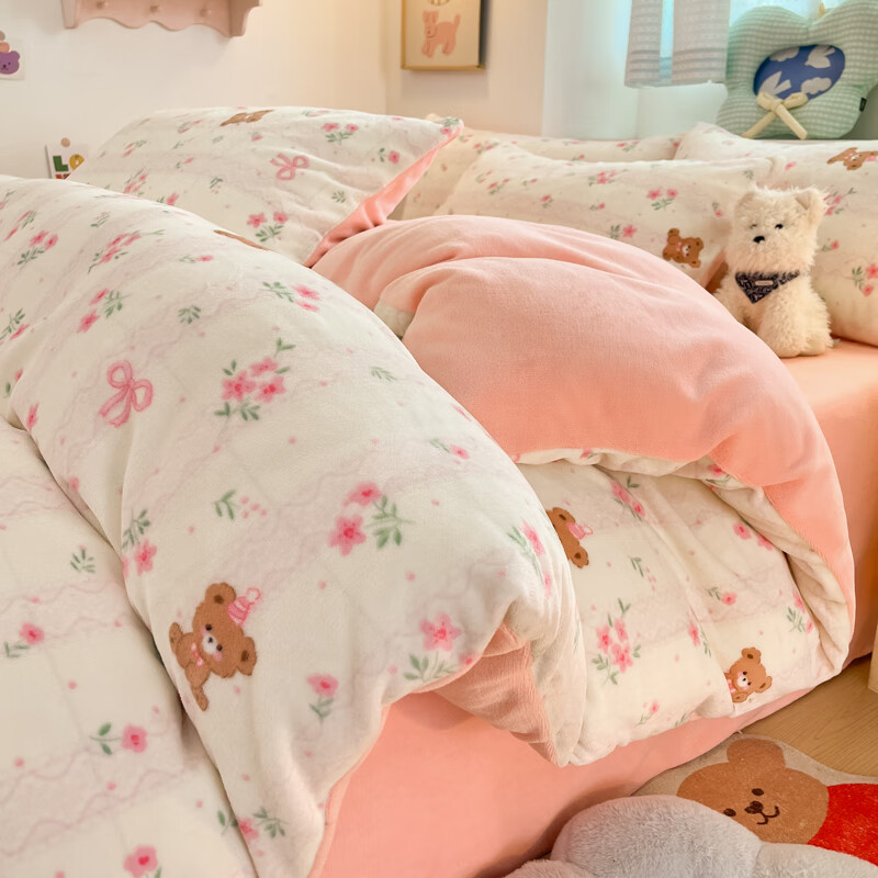Erwin Rommel加厚滚边抗静电牛奶绒四件套 床笠冬季保暖加密型绒套件 花朵小熊-lm 床单款 1.8米床(被套200*230cm)