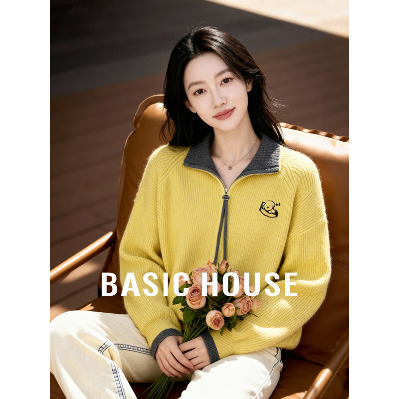 百家好（Basic House）Basic House/百家好双拉链翻领卡通刺绣针织开衫女冬通勤减龄毛衣 黄色 M