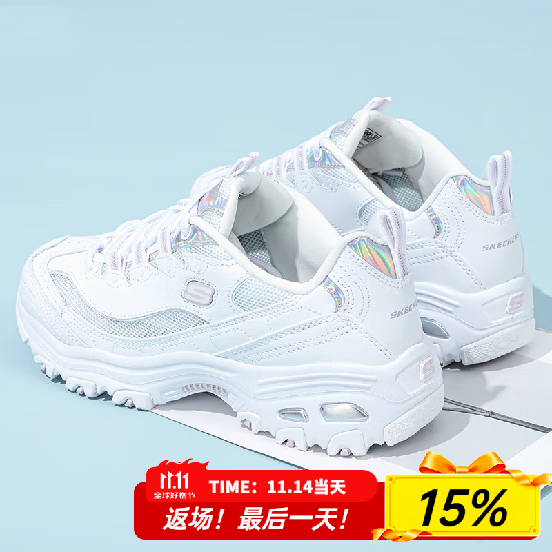 斯凯奇（Skechers）女鞋夏季2025新款厚底增高老爹鞋透气网面熊猫鞋运动鞋轻便休闲鞋 白色-WHT 35