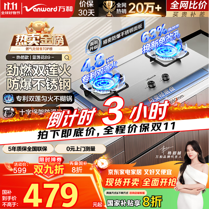 万和（Vanward）【蓝莲花B9】液化气燃气灶4.8kW不锈钢猛火烟灶联动家电国家补贴20%嵌入式家用煤气双炉具台B9B50