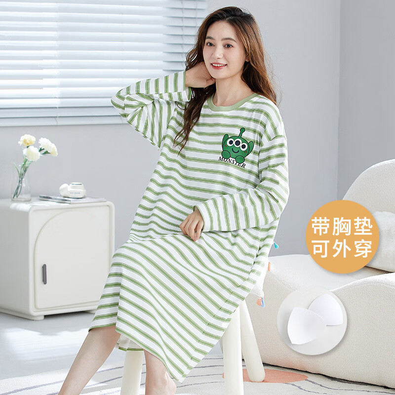 带胸垫长袖睡裙女士春秋季可爱纯棉草莓熊网红风学生春秋休闲睡衣 7005(带胸垫) L (90-115)