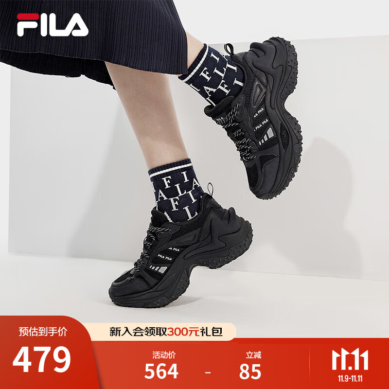 斐乐（FILA）鱼刺3代老爹鞋女鞋春新款休闲鞋厚底增高鞋运动鞋 黑-BK 38