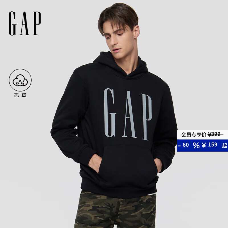GAP男女装2025秋季新款logo印花抓绒宽松套头连帽衫卫衣786923 黑色 L (175/96A) 亚洲尺码