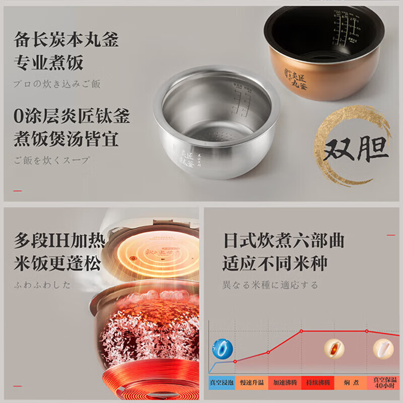 东芝(TOSHIBA)小白露pro真空高端电饭煲2-5人 家用电饭锅IH加热4升一级能效 316L不锈钢0涂层 3mm本丸釜 小白露pro丨炎匠钛釜 4L RC-15VSVC(WY