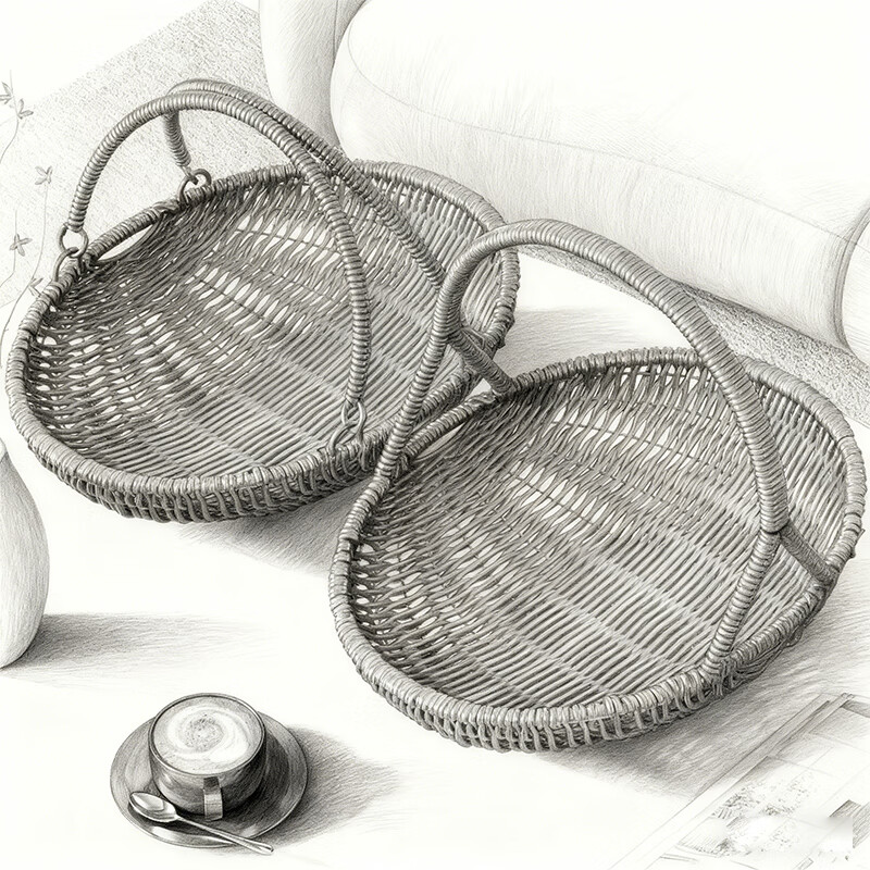 尔思家果盘客厅高级藤编收纳筐高颜值水果篮编织筐点心盘沥水篮手提篮 固定款棕色-小号