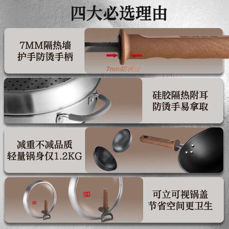 康巴赫钛香铁锅无涂层防锈炒锅不粘锅32cm家用平底炒菜锅电磁炉燃气通用 单锅+锅盖+蒸笼+防烫夹+铲子 32cm