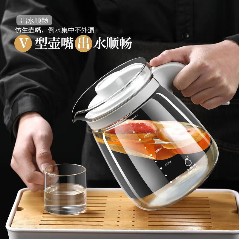 MIEHONE德国品牌玻璃冷水壶耐高温家用凉水壶大容量耐热白开水扎壶果汁壶 黑色耐热耐冷 带刻度 防爆  2000ml