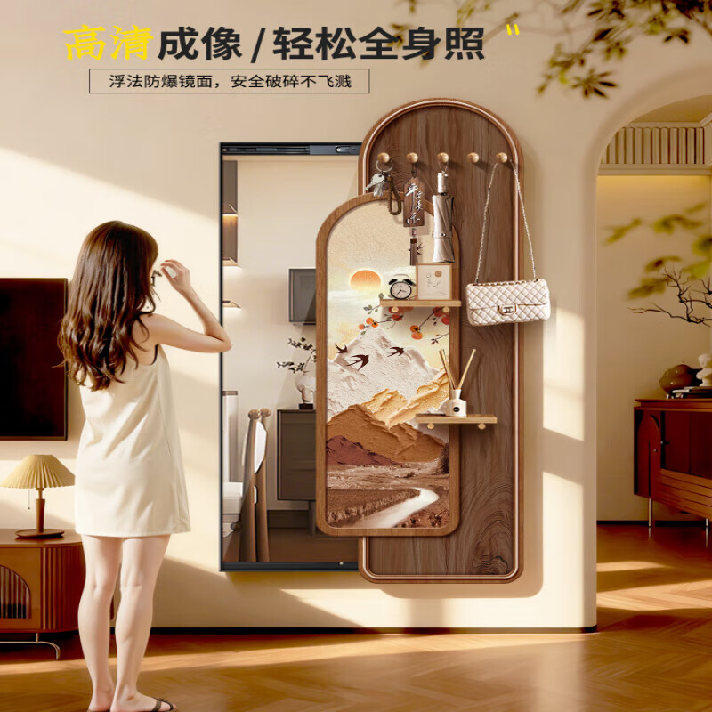 立始玄关推拉镜装饰画中古风隐形穿衣镜客厅卧室隐藏式全身镜子洞洞板 山影伴居 40*120 黑框 左推拉