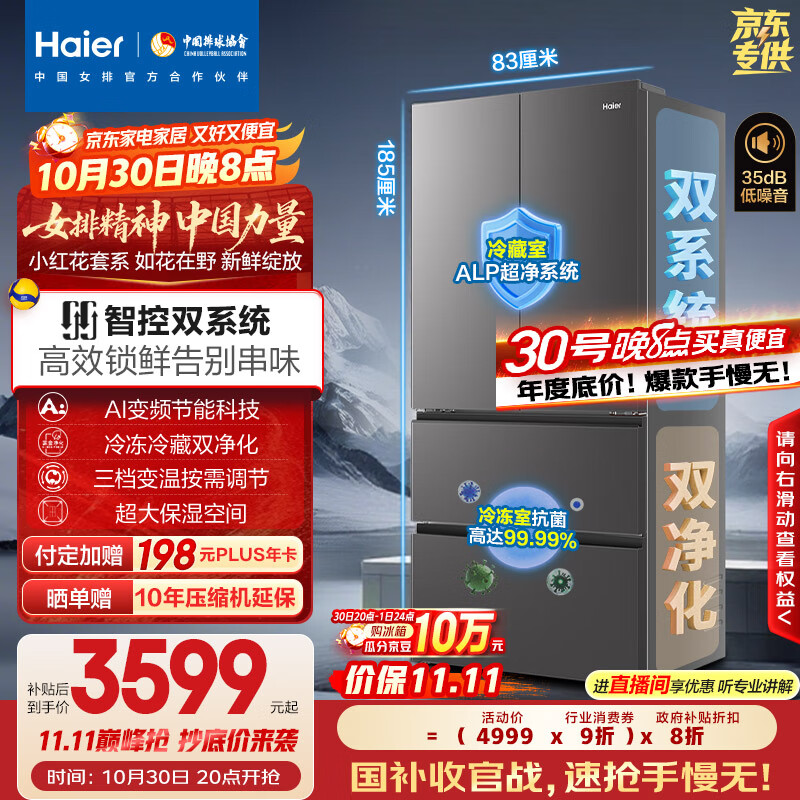 海尔(Haier)「小红花2.0」550升法式多门双系统双循环家用电冰箱大容量一级能效国家补贴BCD-550WGHFDC9GYU1