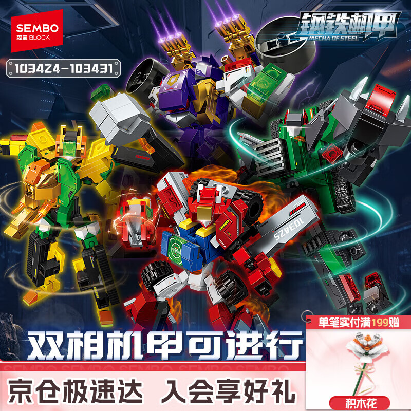 森宝积木拼装合体机甲二合一玩具生日礼物男生 钢铁机甲103424-431