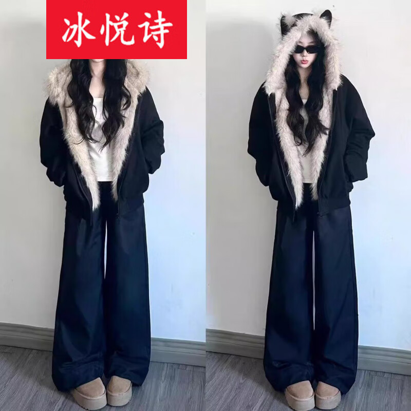 冰悦诗（BINGYUESHI）2026新款美拉德复古棕色韩系外套女秋冬加厚短款拼接毛毛上衣棉服 黑色 S