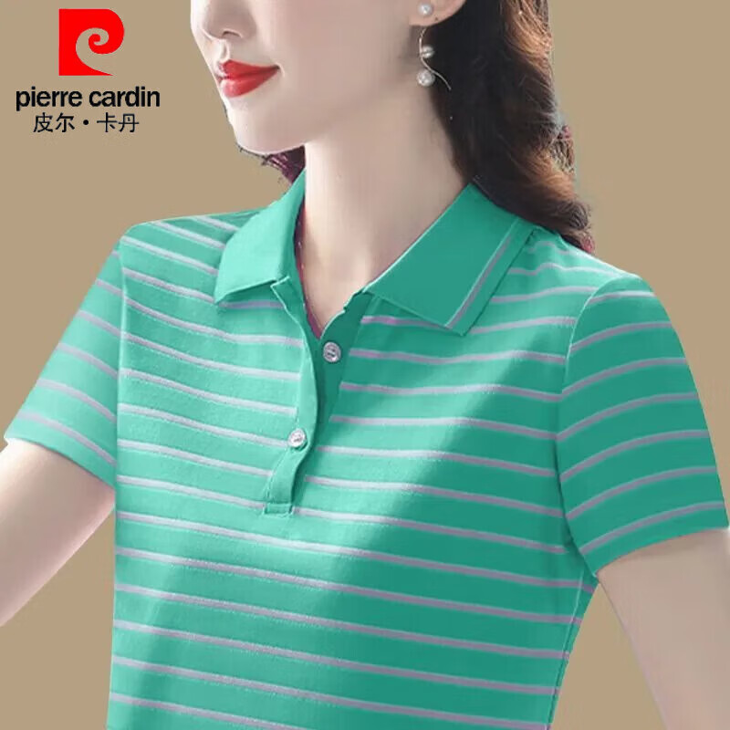 皮尔卡丹（pierre cardin）纯棉Polo夏季2026新款条纹翻领短袖大码休闲运动带领T恤女士上衣 宝蓝【纯棉Polo】 4XL 【建议145-160斤】