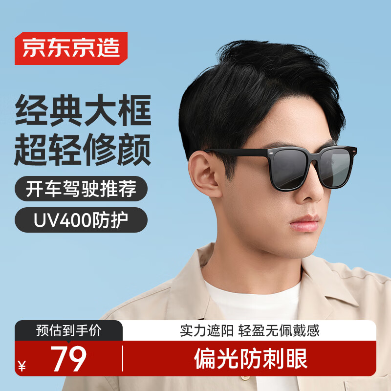 京东京造经典黑框TAC偏光太阳镜开车骑行防晒护目眼镜墨镜男女款 黑灰
