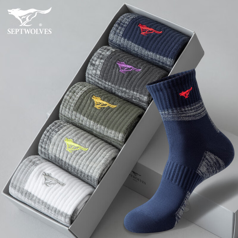 七匹狼袜子男纯棉秋冬季休闲长袜吸汗透气商务袜时尚运动风棉袜 纯棉偏厚款运动袜 混色 5双