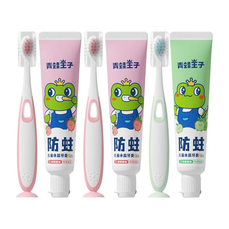 青蛙王子儿童牙膏牙刷3-12岁含氟防蛀固齿宝宝刷牙套装 水果口味50g*3