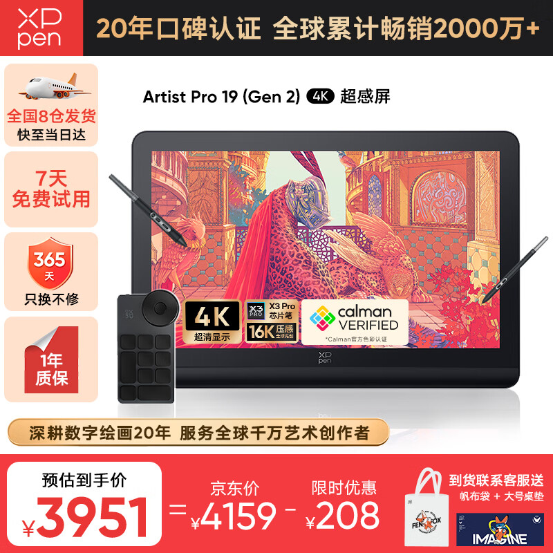 XP-Pen Artist Pro19(4K)数位屏 专业绘画手绘屏 连接电脑笔记本绘画板AP19电子画板 Artist Pro19【4K超清】