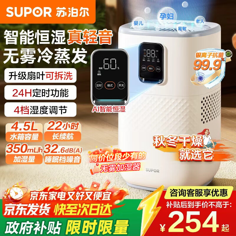 苏泊尔(SUPOR)【国家补贴】无雾加湿器轻音卧室婴儿孕妇冷蒸发空气加湿器净化智能恒湿除菌家用空调加湿EHTN-06E