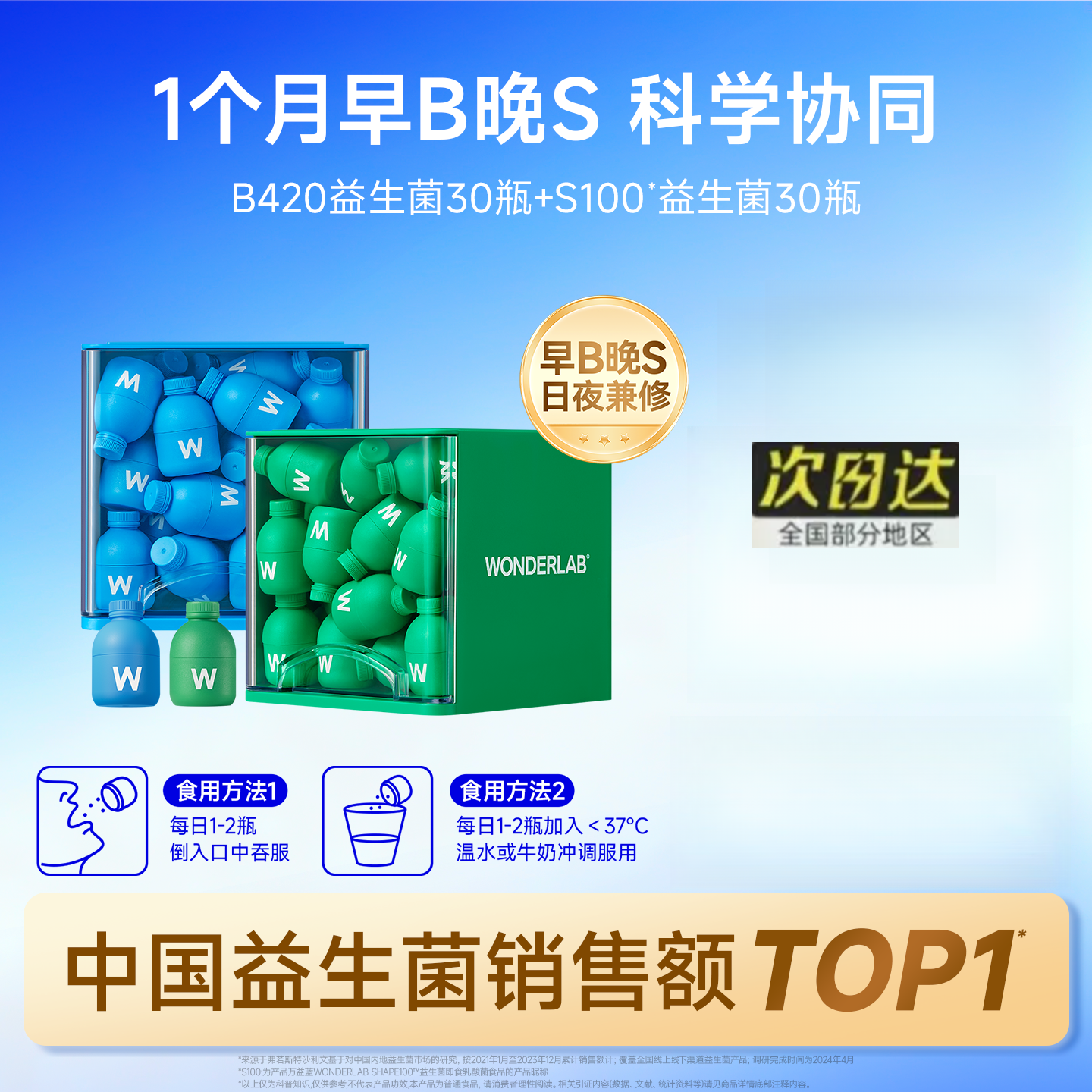 万益蓝（WONDERLAB）益生菌瘦子菌早B晚S小蓝瓶代谢成人肠道肠胃轻盈体重管理 B420菌30瓶1盒+S100益生菌30瓶1盒